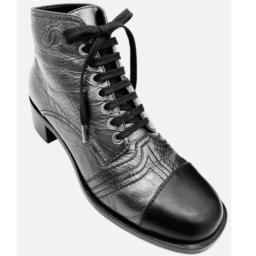 Chanel Black Leather Lace-Up Ankle Boot